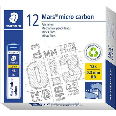 STAEDTLER | Mars Micro Carbon Mechanical Pencil Refills | Tube of 12 | 0.3mm HB Point Graphite Leads | 250 03-HB