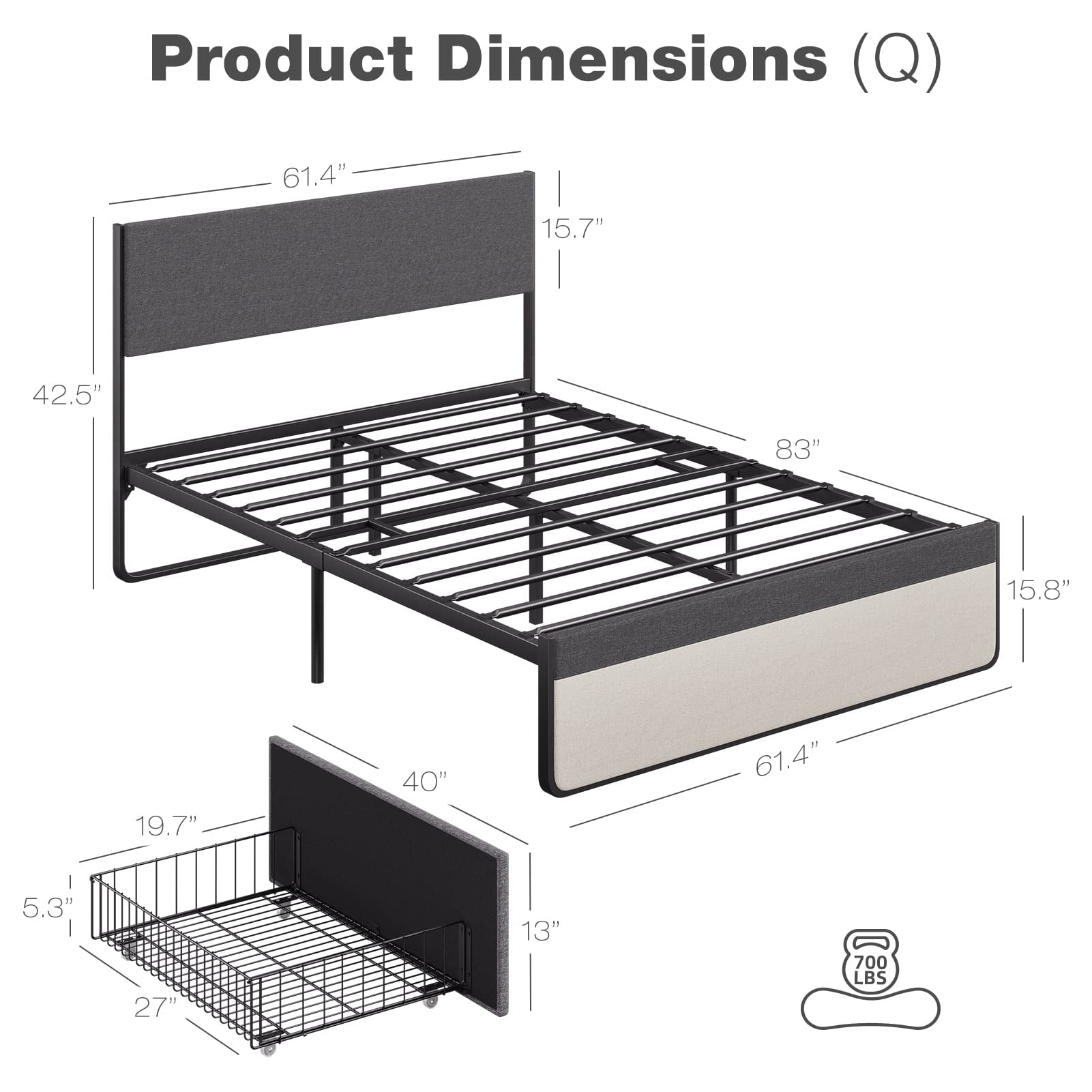 Full/Queen Size Bed Frame with 2 Storage Drawers, Upholstered Platform Bed Frame with Headboard, Mattress Foundation with Steel Slats Support, No Box Spring Needed