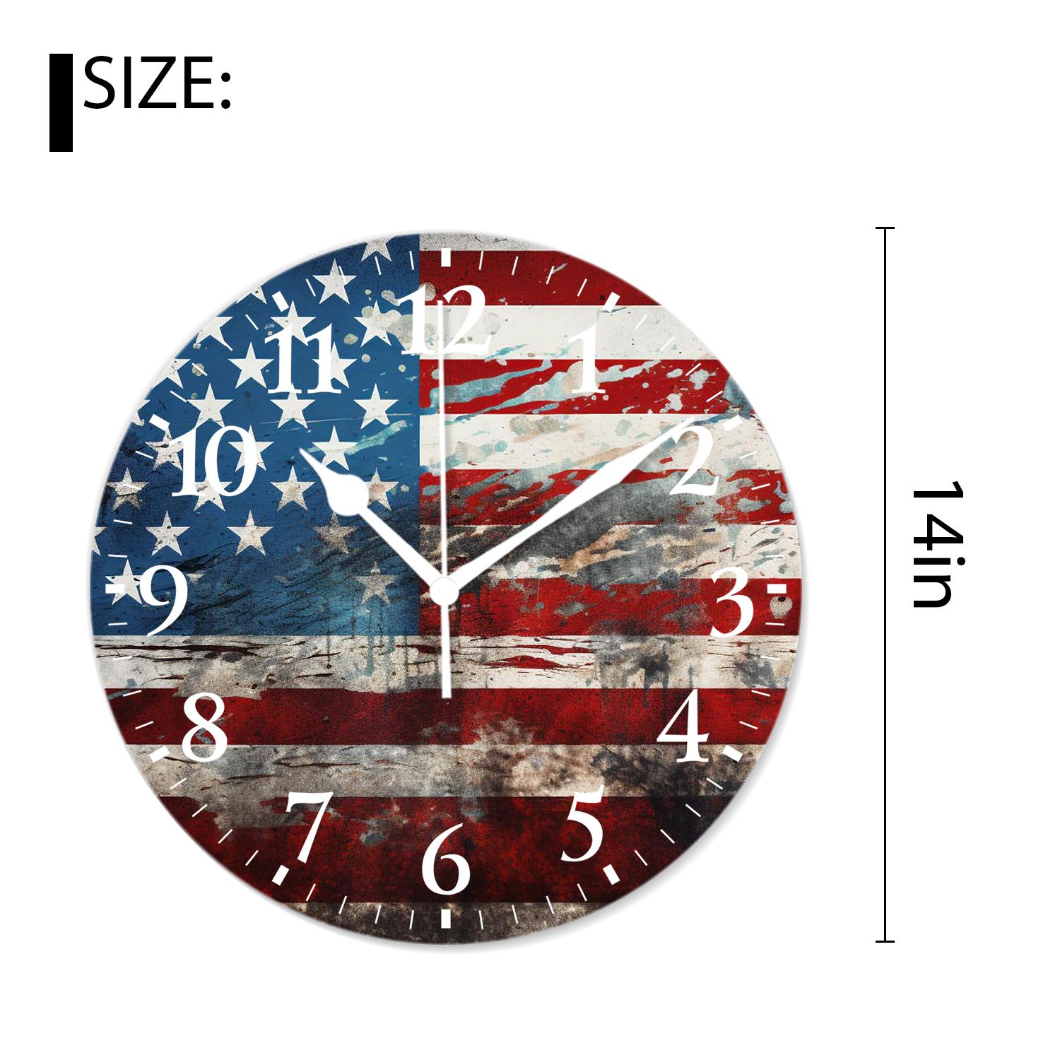 14 Inch Wall Clock Battery Operated Silent Clock Decorative for Office, Kitchen, Outdoor, Living Room，Vintage American Flag Multicolor