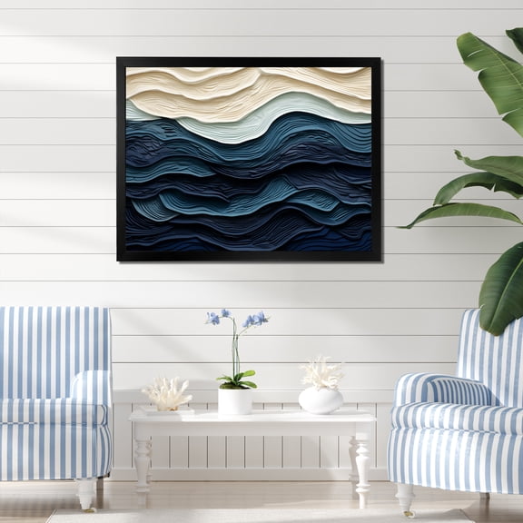 Designart "Coastal Wave's Edge in Blue and White" Coastal Framed Wall Art Decor - Coastal Blue Coastal Minimalism Living Room Framed Canvas Art
