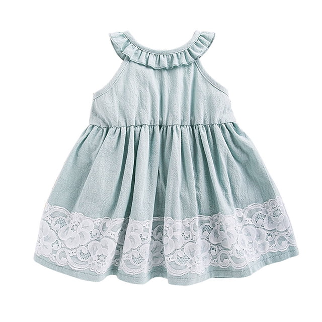 Felwors Robe d'Été pour Filles à Bretelles Sans Manches à Basque Col Ras du Cou Ourlet en Dentelle Évasée Décontractée Sortie