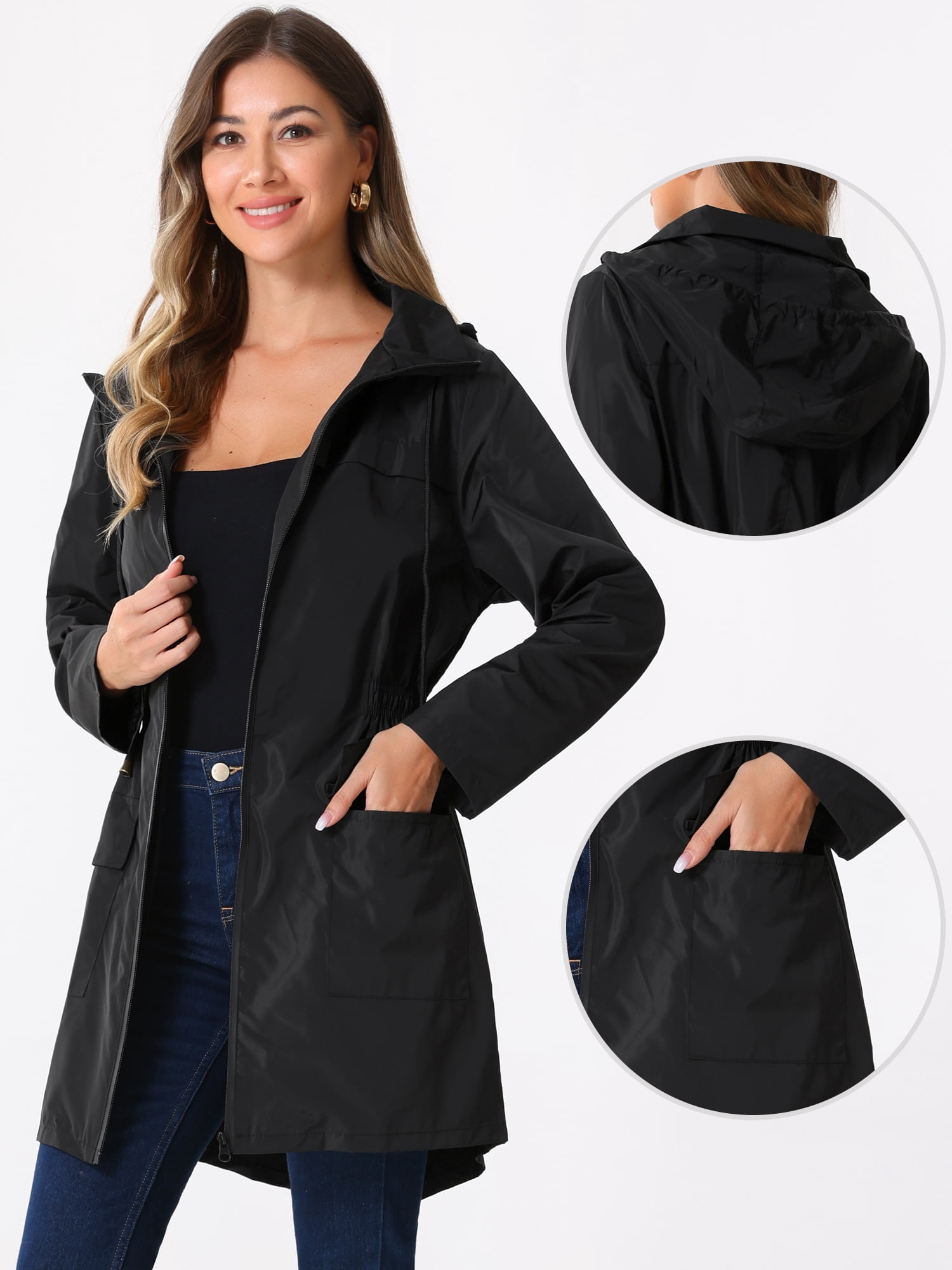 DARING DIVA Windbreaker Trench Coat Hooded Waterproof Jacket M Black