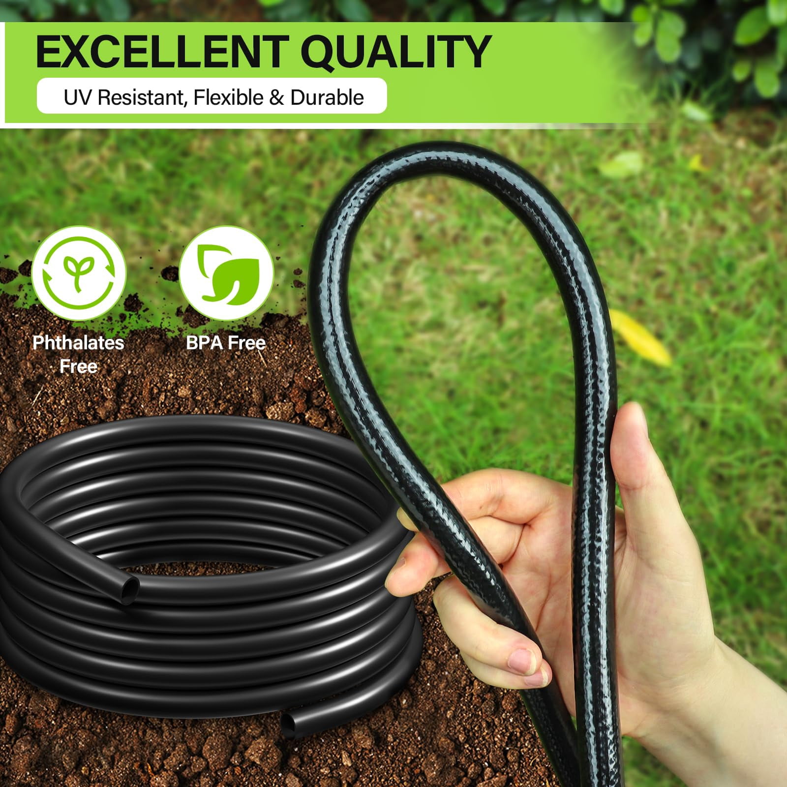 Drip Irrigation System 230FT/247FT – Quick Connect Garden Watering Kit with Adjustable Drip Emitters, 1/4” & 5/16” Tubing for Raised Beds Greenhouse Lawn Automatic Timer Compatible
