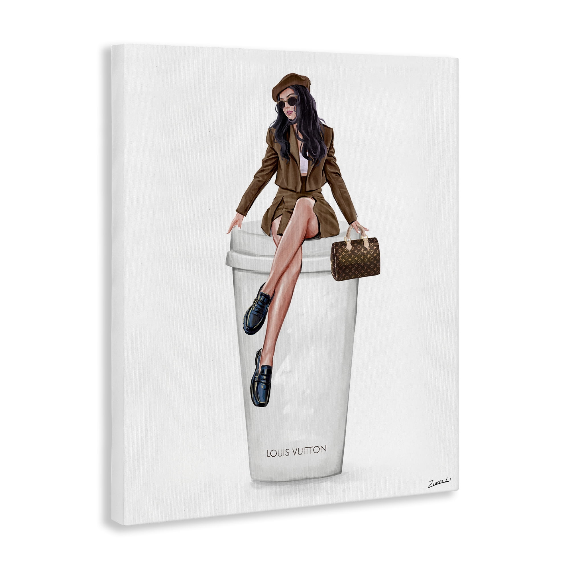 Stupell Industries Lovely Lady on Coffee Cup People Painting Wrapped Canvas Art Print Wall Art, 30 x 40