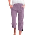 thumbnail image 2 of Capri Pants for Women 2025 Solid Color Elastic Waist Linen Straight Leg Capris with Pockets Womens Cropped Pants, 2 of 5