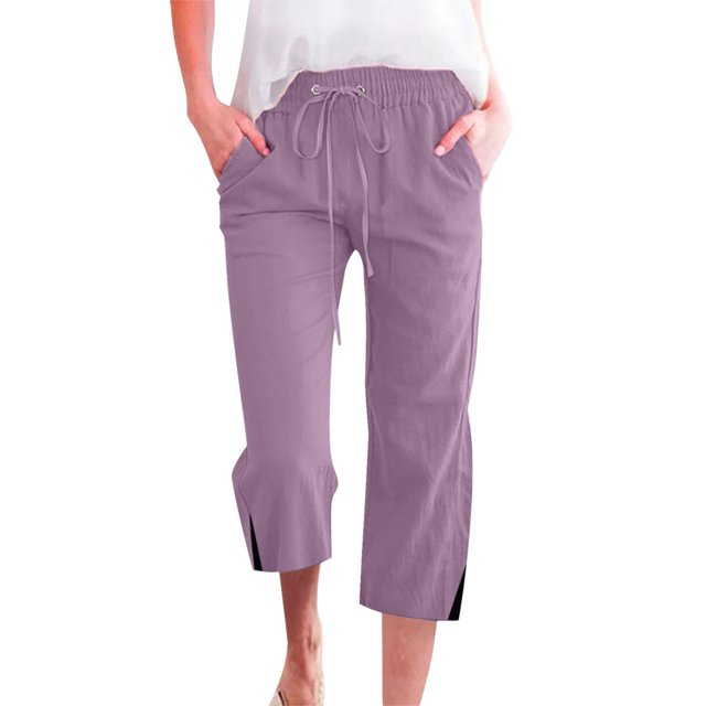 Women's Spring And Summer Solid Color Pocket Drawstring Linen Casual Loose Cropped Pants - Comfortable for Home, Outdoor