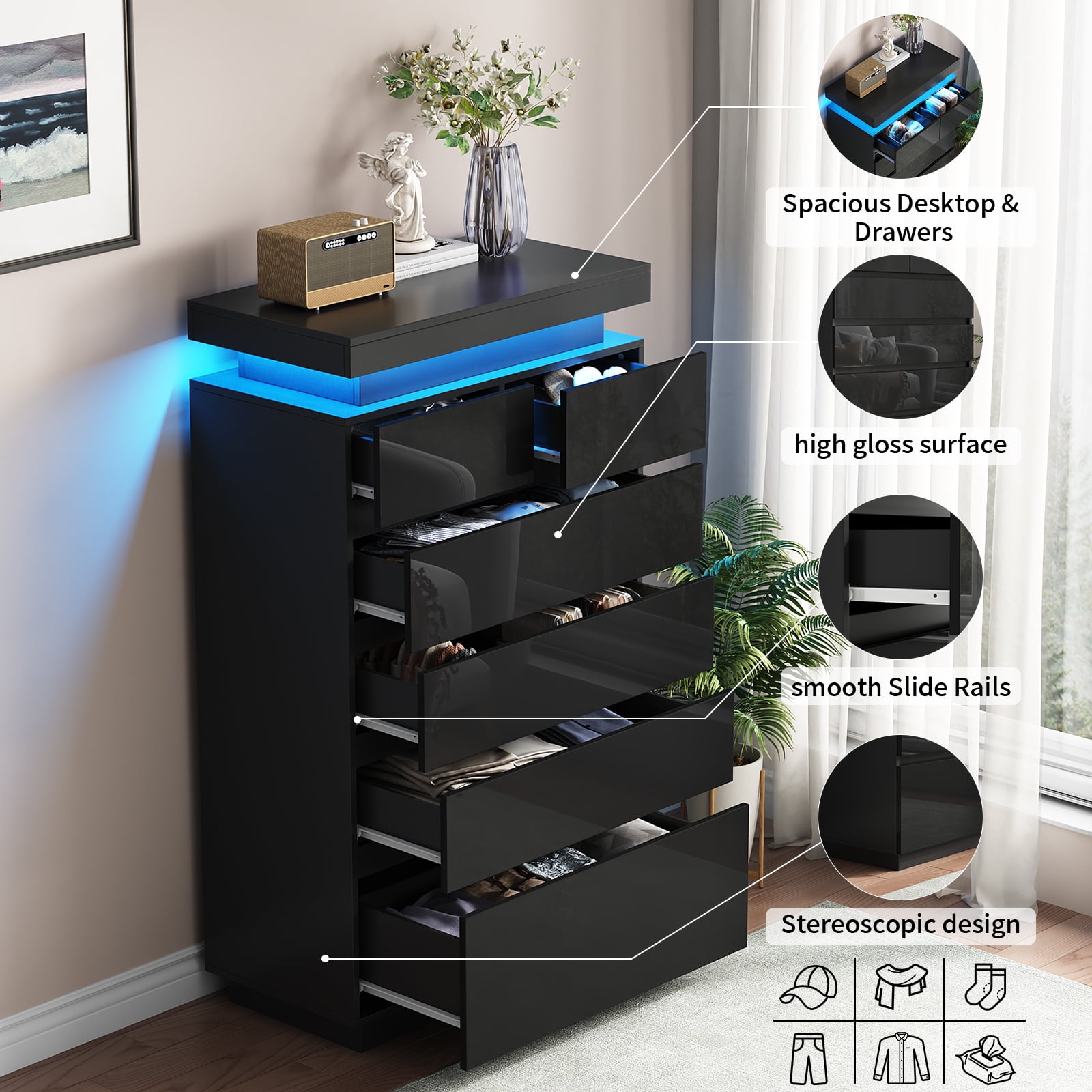 6 Drawers Dresser, Modern Tall Dresser for Closet with Adjustable LED Lights, High Gloss Chests of Drawers, Wood Storage Cabinet for Bedroom, Entryway, Living Room, Dressing Room, Black