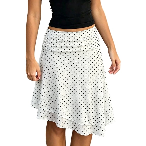 Arlun Womens Polka Dot Midi Skirt Vintage Asymmetrical Ruffle Hem Sheer Mesh Retro Knee Length Skirts Fashion Going out Summer Breathable Casual Skirt with Double Layer White2 XS