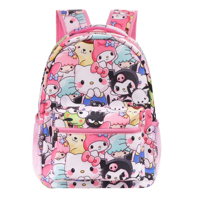 sanrio kuromi hellokitty mochila kawaii para niño y niña, bolsa para ordenador portátil escolar, hombros informales, viaje, senderismo, acampada, día ligero — mochila unisex vista frontal con estampado multicolor de personajes Sanrio (Hello Kitty y Kuromi), material PVC, cremallera principal, bolsillo frontal con cremallera y bolsillos laterales de malla; adecuada también para llevar accesorios de viaje ligeros.