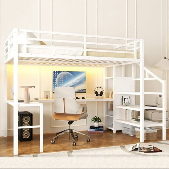 Loft Bed with Stairs and Wardrobe, Full Size Metal Loft Beds Frame with L-Shape Desk and LED Lights, Loft Bed Full with USB Charging Station, Gaming Loft Bed No Box Spring Needed-White