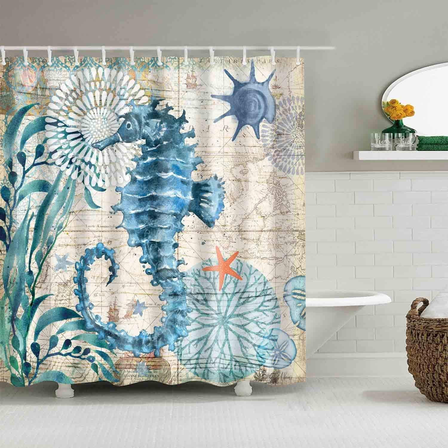 Horse and beach Shower Curtain Bathroom Waterproof Fabric & 12hooks 71*71inch 