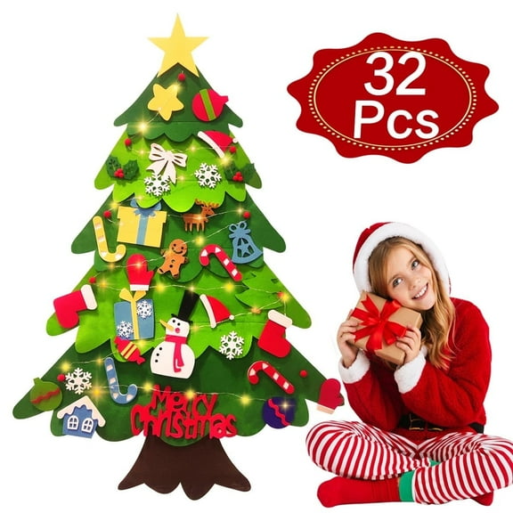 Felt Christmas Tree Christmas DIY Lighted Felt Tree 3ft Wall Hanging Christmas Tree with Detachable Ornaments for Xmas Gifts Home Decoration 32 Pcs