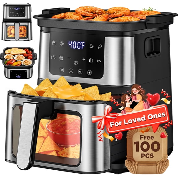 Air Fryer Oven, 8-in-1 7.5Qt Multifunction Air Fryer & Grill Pan w/ Digital LED Touch Screen, 8 Preset Cookings, Dishwasher-Safe Basket, 95% Less Oil, Nonstick Dishwasher-Safe Basket, 100Pcs Liner