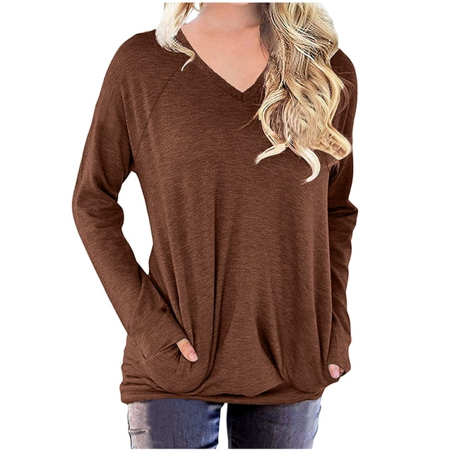 KIHOUT Spring Winter Womens Tops Solid Color Workout Sweatshirts Casual Basic Long Sleeve Loose Shirt Classic Crew V-Neck Tops with Pocket