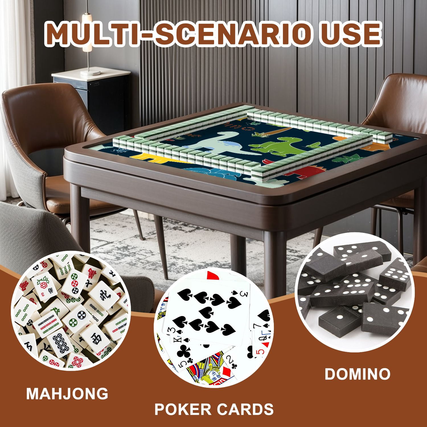 Mahjong Mat 31.5" x 31.5" seamless colorful dinosaurs dinosaur silhouette Non-Slip Noise Reduction American Mahjong Tiles Table Cover for Dominoes Poker Card Board Games Gift