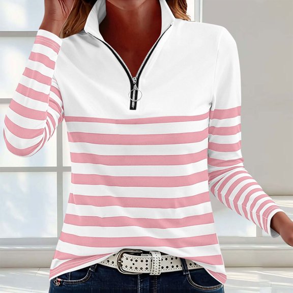 Yrmaups Loose Fit Striped Zip Pullover for Women Daily Wear, Fall Winter Collared Long Sleeve Casual Top, Plus Size Soft Cotton Blend Tee for Work Layering, Pink M