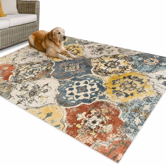 Outdoor Rug 3x5 ft Vintage Boho Morocco Waterproof Outdoor Patio Rug Mat Non Slip Outside Area Rugs Carpet for RV,Camping,Porch,Deck,Pool,Balconybackyard,Floral Lattice Pattern Yellow Cream