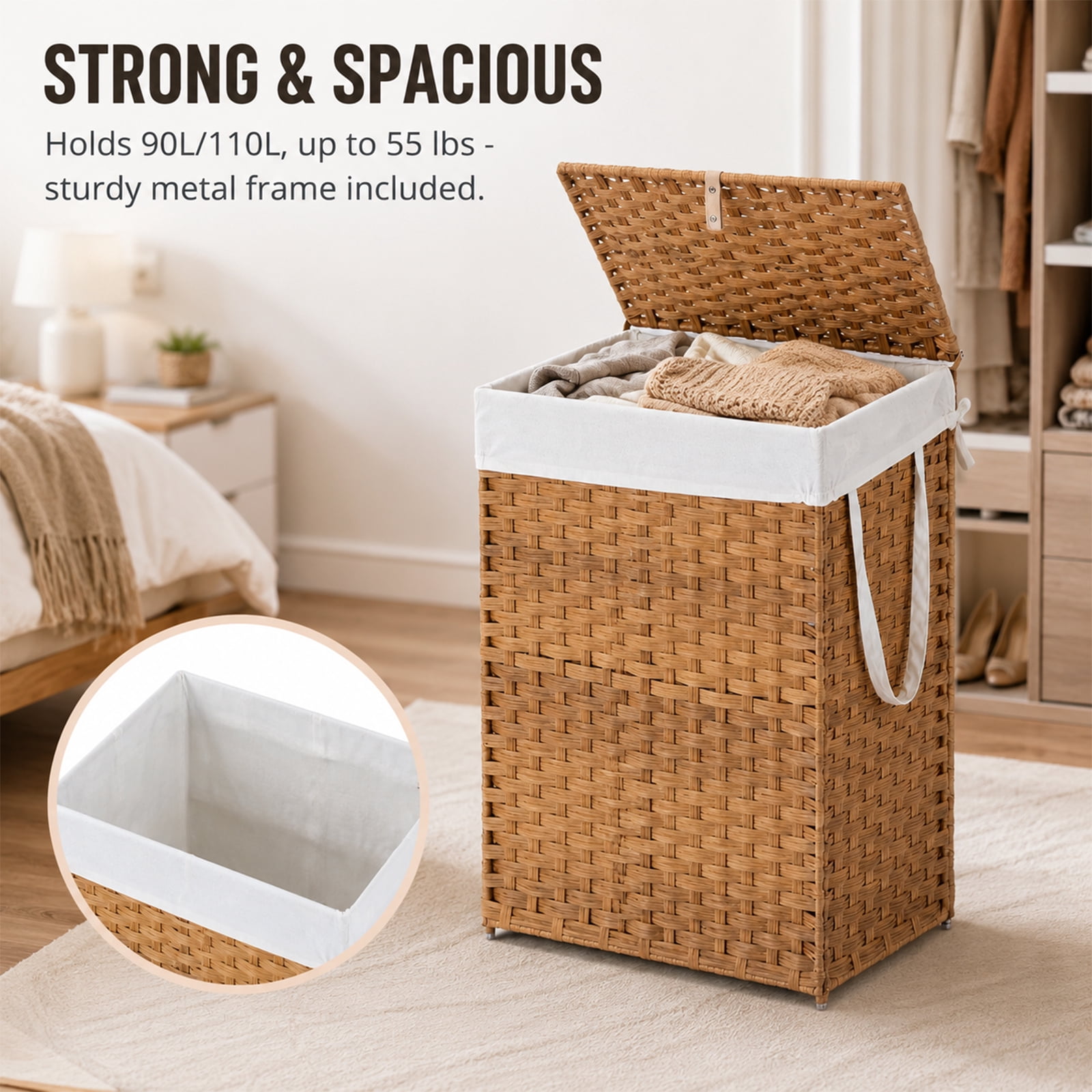 Alvantor 90L/110L Laundry Hamper with Lid, No Install Needed, Synthetic Rattan Clothes Laundry Basket with Lid and Handles, Foldable, Removable Liner, with Handles