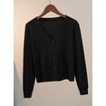 thumbnail image 5 of Suéter de punto con botones para mujer, chaqueta con cuello en V, manga larga, Tops cortos informales, gris y blanco, otoño e invierno, 2024, 5 of 5