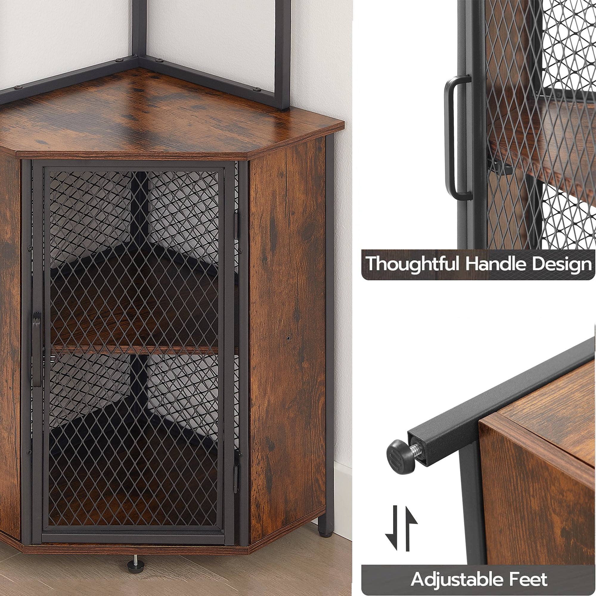 VECELO 6-Tier Corner Shelf with Storage Cabinet, Rustic Corner Bookshelf Stand Storage Rack Plant Stand for Living Room, Home Office, Kitchen, Small Space, Brown