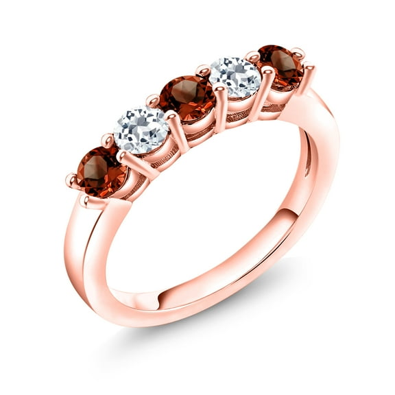 Gem Stone King 18K Rose Gold Plated Silver Red Garnet and White Topaz 5-Stone Wedding Anniversary Band Ring for Women (1.03 Cttw, Gemstone January Birthstone, Size 8)