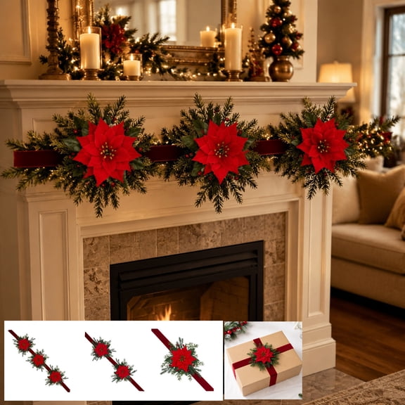 Qocolcyl Christmas Velvet Mantel Swag Ribbon with Red Poinsettia & Berries, Adjustable Length Fireplace Mantel Holiday Decor, Artificial Floral Christmas Indoor Outdoor Home Decoration,A