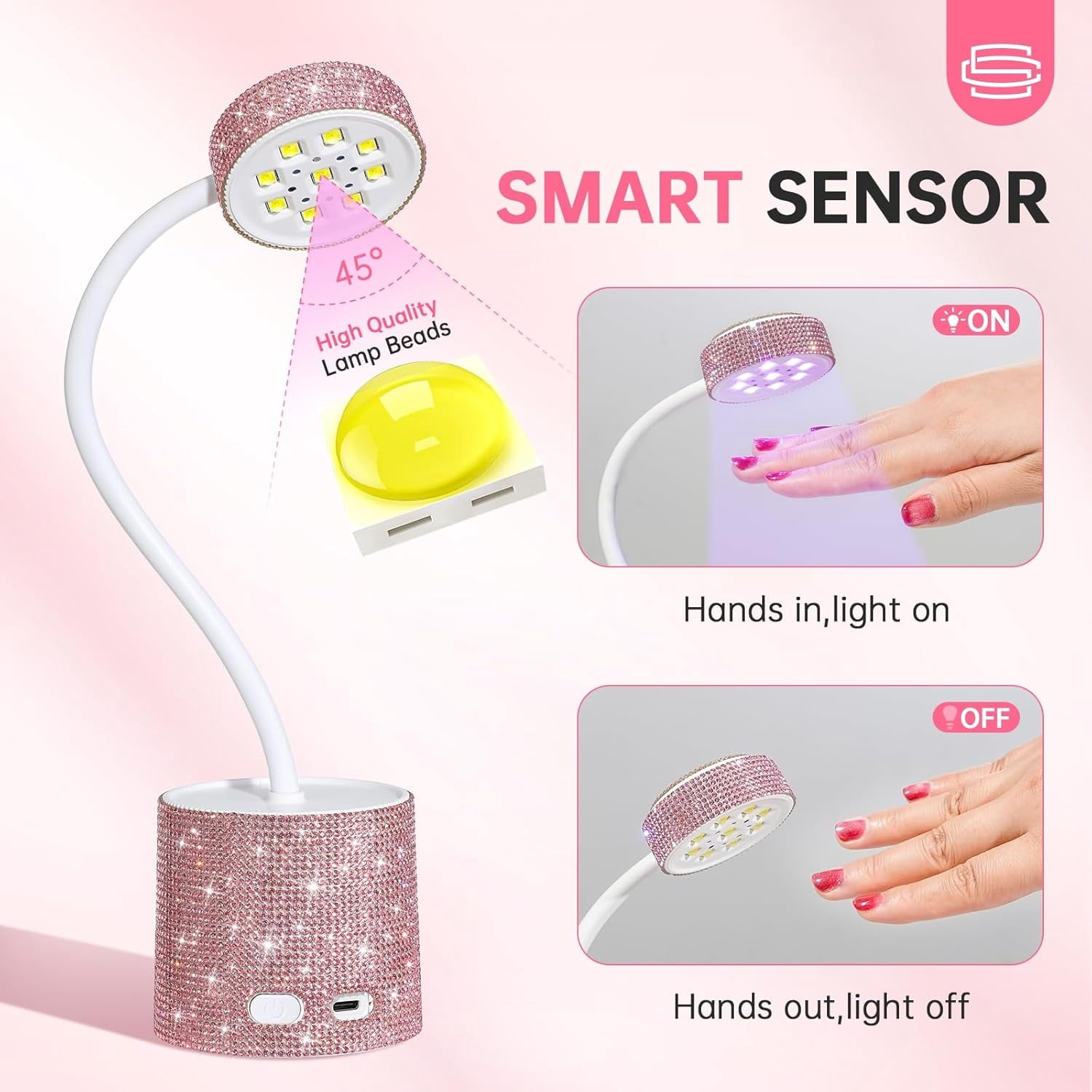 UV LED Nail Lamp, Mini UV Light for Gel Nails Polish, Rechargeable LED Flash Cure Nail Dryer, Quick Drying Goosenecks UV Nail Lamp for Home Nail Salon DIY Manicure, AB Diamond,Rose Red Sticky Diamond