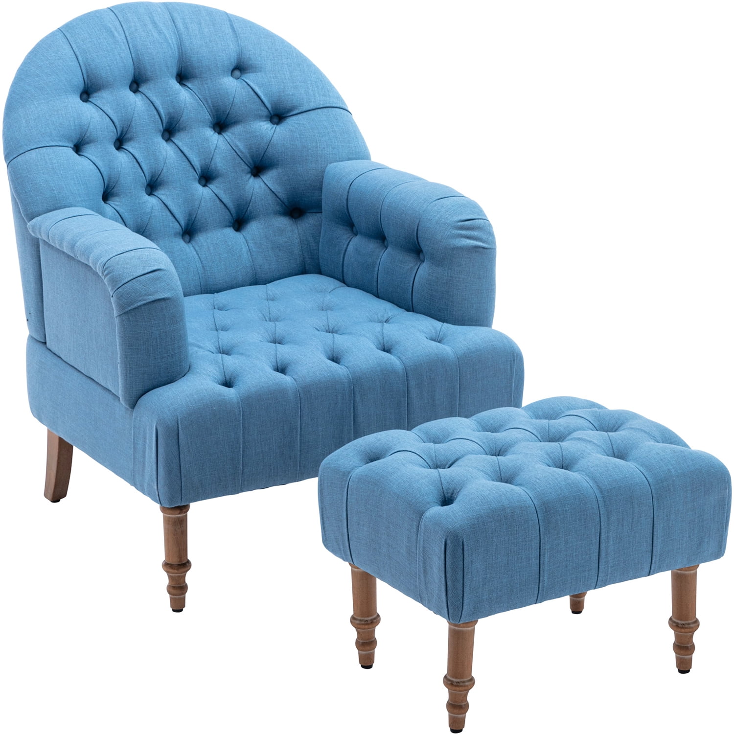 Kadyn Arm Chair for Bedroom, Mid Century Accent Chair with Linen Fabric and Ottoman, Button-Tufted Upholstered Chair Set, Blue