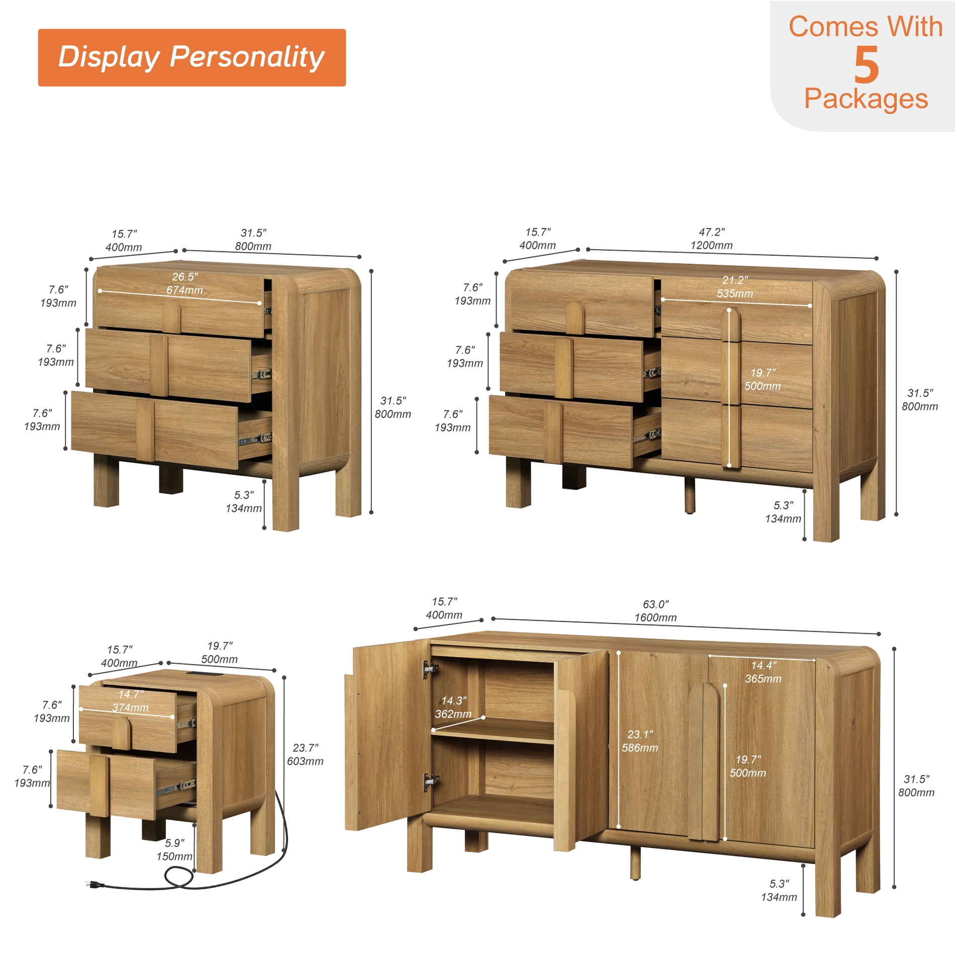 5 Pcs Dresser and Nightstand Sets for Bedroom，Night Stand Set of 2, Mid-Century Modern Bedroom Set with Curved Profile Design, Wooden Storage Cabinet Set