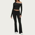 thumbnail image 2 of Miluxas Lounge Sets for Women 2 Piece Outfits Crop Tops with Fold Over Flare Leggings Spring Loungewear Fitted Pajama Sets Black S(S), 2 of 4