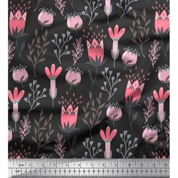 Soimoi Gray Cotton Duck Fabric Tribal Leaves Print Fabric by Yard 42 Inch Wide