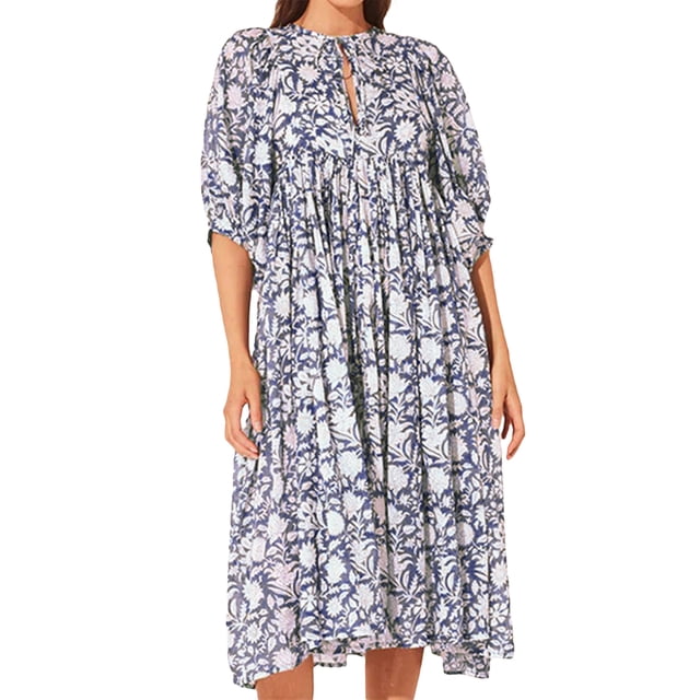 Gupgi Robe Bohème Ample pour Femmes Florale Col en V Manches Courtes Bouffantes Robe Midi Fluide