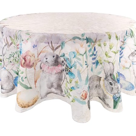 

Easter Tablecloth Round 60 inch Diameter Spring Floral Decorative Easter Table Cloth Cute Easter Bunny with Colorful Egg Khaki Round/Circle
