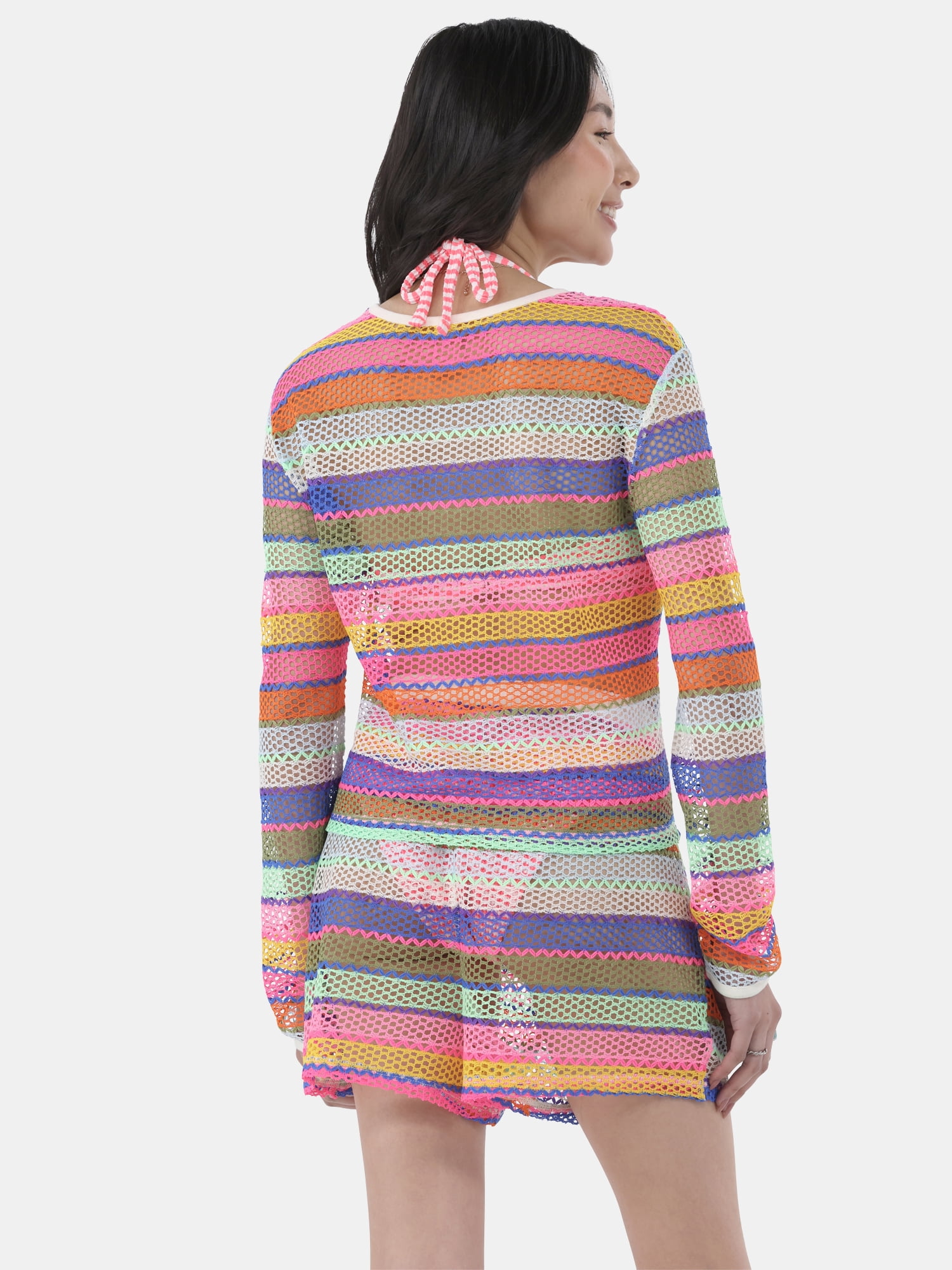 No Boundaries Women's Crochet Top Coverup with Long Sleeves, Sizes XXS - XXL