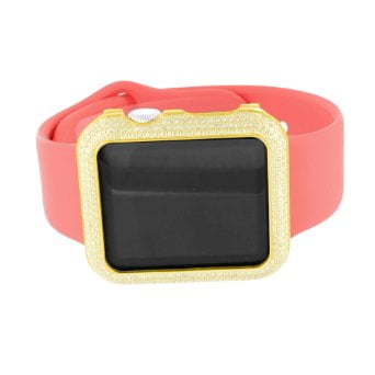Yellow Gold Finish Apple Watch Real Diamond Pink Rubber Bracelet Mens 3.0 Carat by