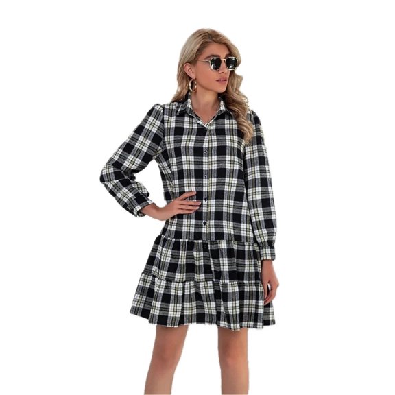 Women's Ruffle Hem Plaid Button Down Long Sleeve Dress with 100% Polyester Fabric for Everyday Chic and Comfort