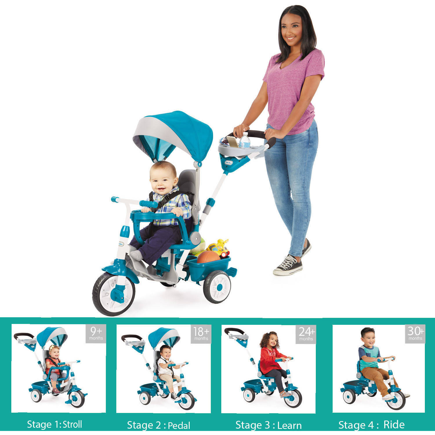 Little Tikes Perfect Fit 4-in-1 Trike in Teal, Convertible Tricycle for Toddlers, 4 Stages of Growth & Shade Canopy - Kids Boys Girls Ages 9 Months to 3 Years Old - image 5 of 13