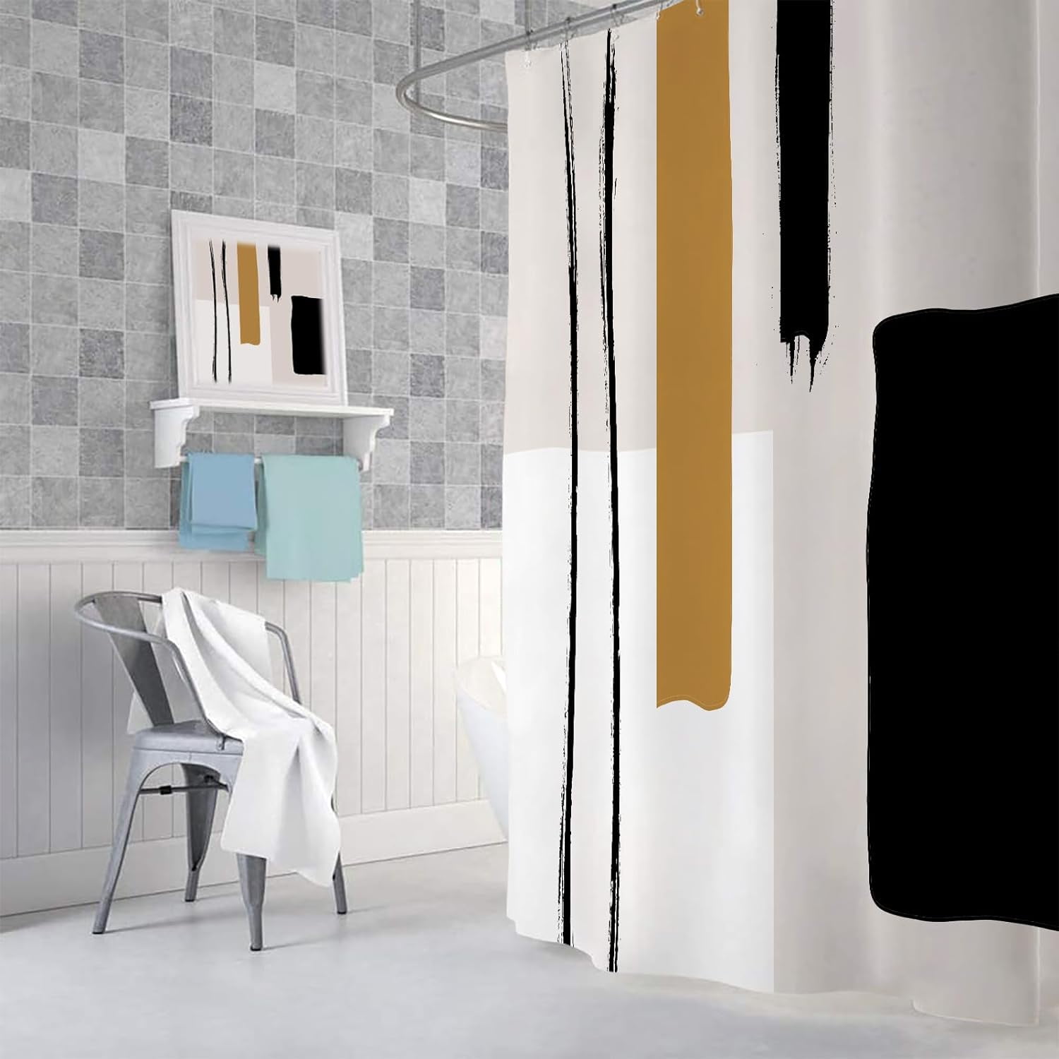 Abstract Modern Shower Curtain, Cute Geometric Minimalist Black and White Shower Curtains Set, Retro Beige Yellow Tan Mid Century Restroom Decor Accessories with Hooks 72X 72 In