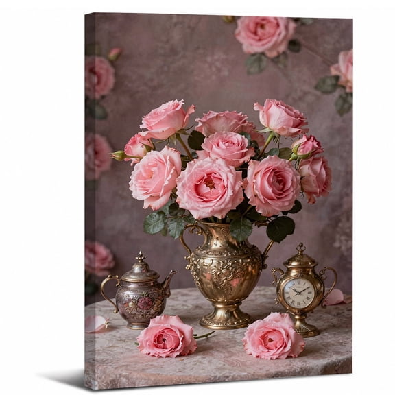 Vintage Pink Roses Canvas Wall Art Framed Decor,Vintage Pink Rose Golden Vase Romantic Floral canvas print for bathroom bedroom or living room
