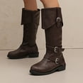 thumbnail image 4 of Rokment Vintage Wide Calf Knee High Riding Boots for Women Retro Casual Leather Buckles Mid Heel Foldver Tall Boots Coffee Size 9.5, 4 of 6