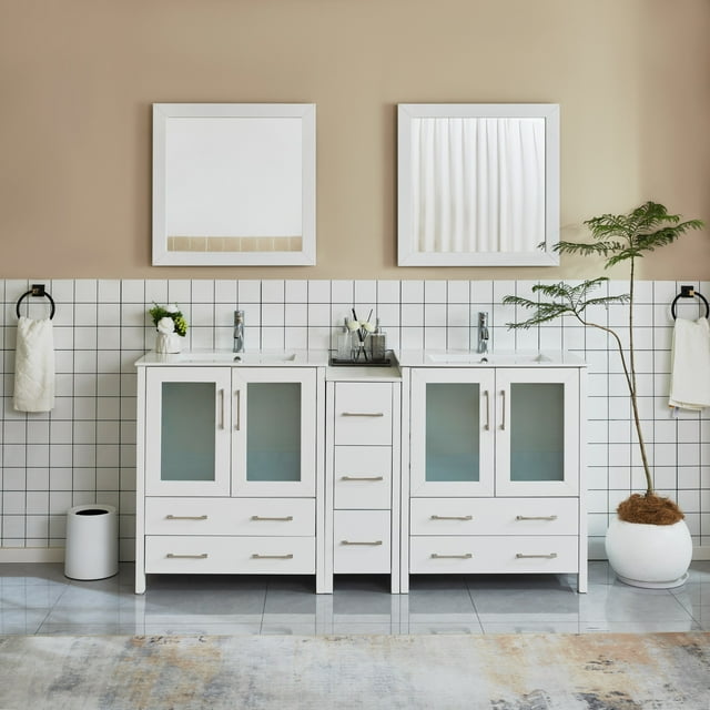 Vanity Art 72 in. W Double Sink Bathroom Vanity with Ceramic Top and Two Free Mirrors
