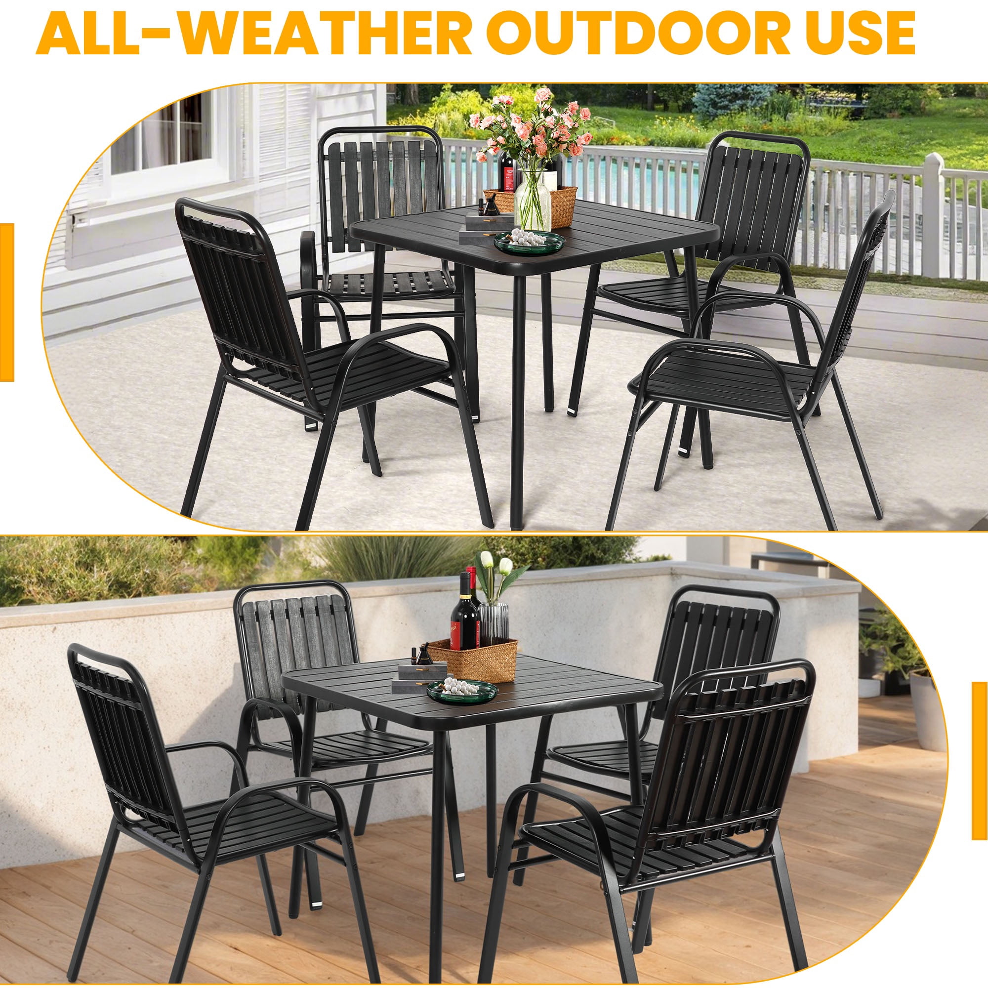 Clearance Outdoor Patio Dining Set for 4, Outdoor Furniture Plastic Table and Chairs, 5-piece Patio Set w/Square Table and Stackable Armchairs, Wood Grain Top, Heavy-duty Steel Frame, Black