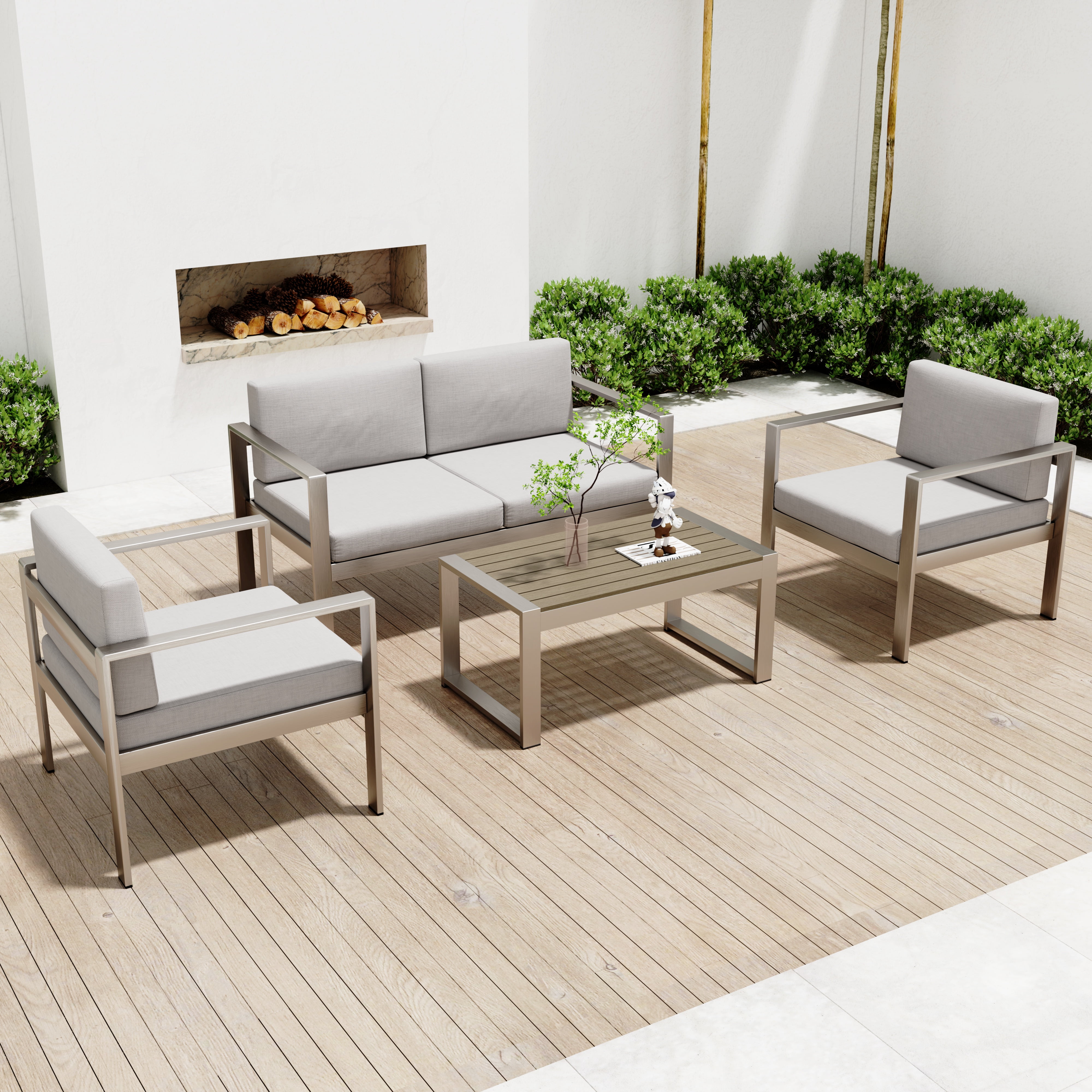PORKISS Outdoor Patio Furniture Set, Modern 4 Piece Conversation Set with Table and Seats, Aluminum Sectional Sofa Sate Group for Garden, Gray/Silver