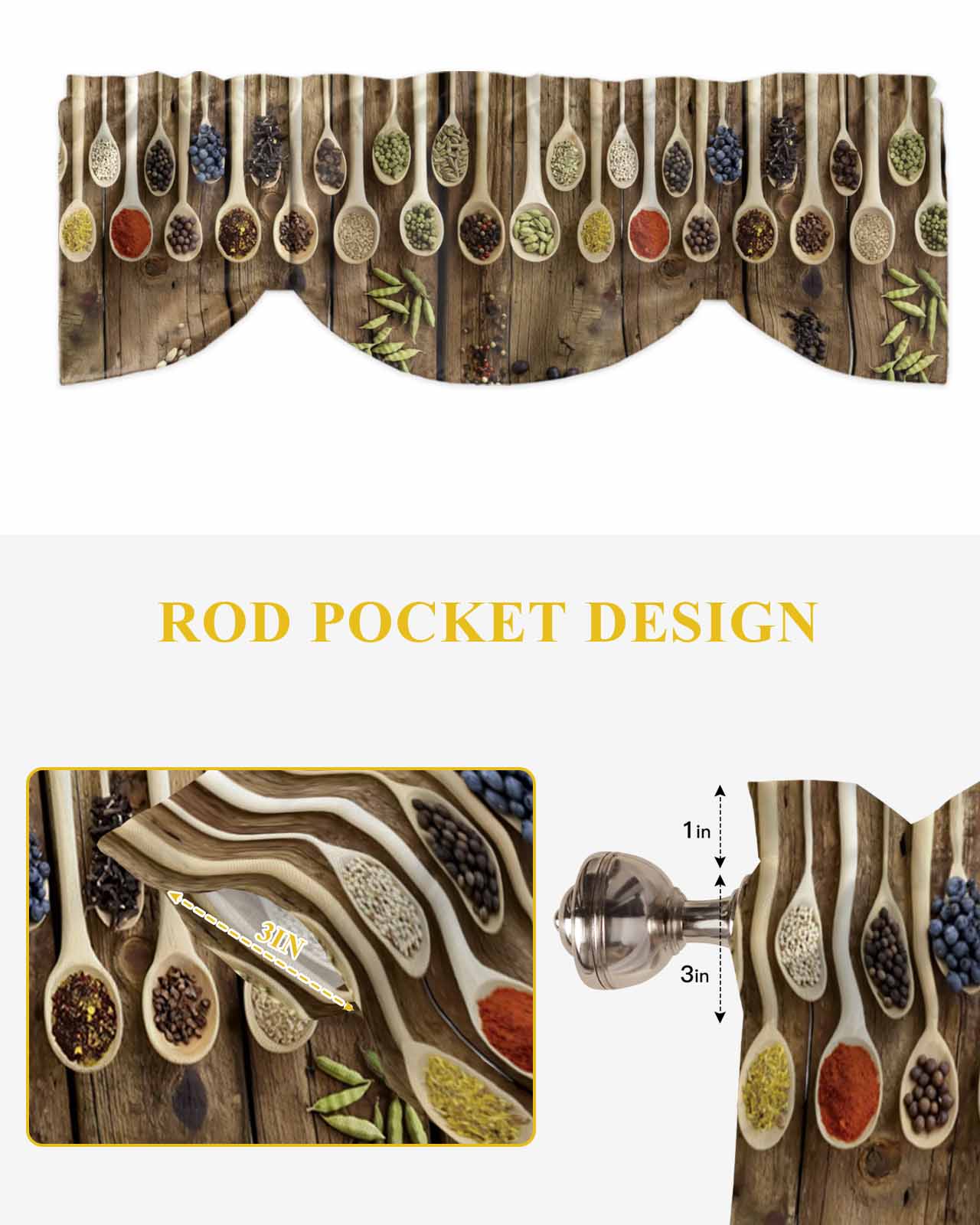 Kitchen Spices Curry Tie Up Valances Curtain, Adjustable Kitchen Chilli Pepper Wood Farmhouses Valances for Windows Decor, Rod Pocket Short Curtains Set for Bedroom/Bathroom, 60"x18"