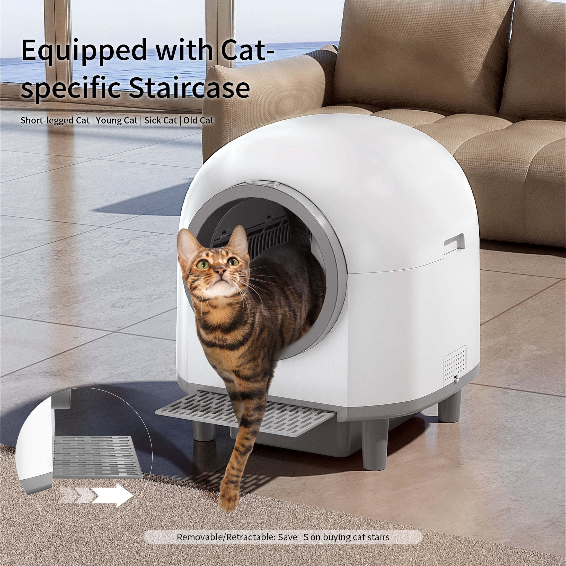 CATLK Automatic Self-Cleaning Cat Litter Box, 100L Cat Litter Box for Multiple Cats, Safety Sensor, WiFi APP Control, White