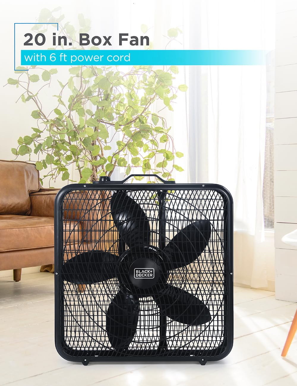 BLACK+DECKER 20" Box Fan with 3 Speed Settings, Powerful 80W Motor, 5-Blade Box Fan with Carry Handle, Rotary Knob, Portable Fan and Cooling Fan for Home, Office, Garage, BFB20SB, Black
