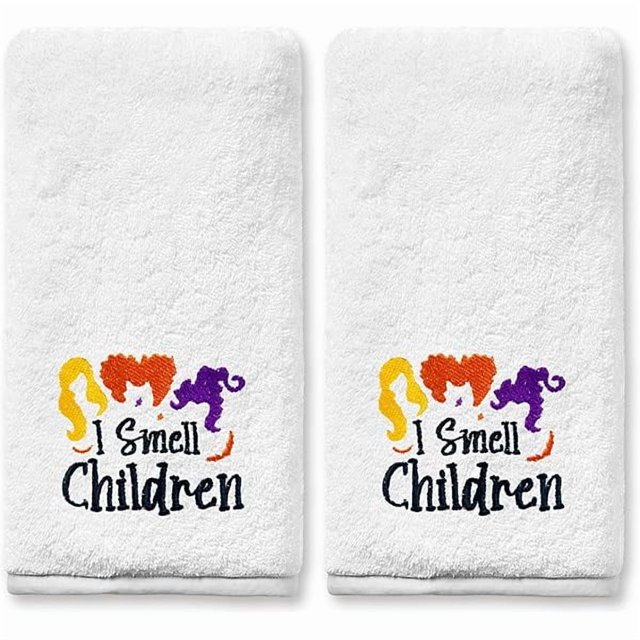 wonima44 Halloween Hand Towels Set of 2, Halloween Bathroom Decor Embroidered Pattern Festival, Witches Soft Dish Towels for Kitchen Bath 14x30 Inches 100% Cotton I Smell Children
