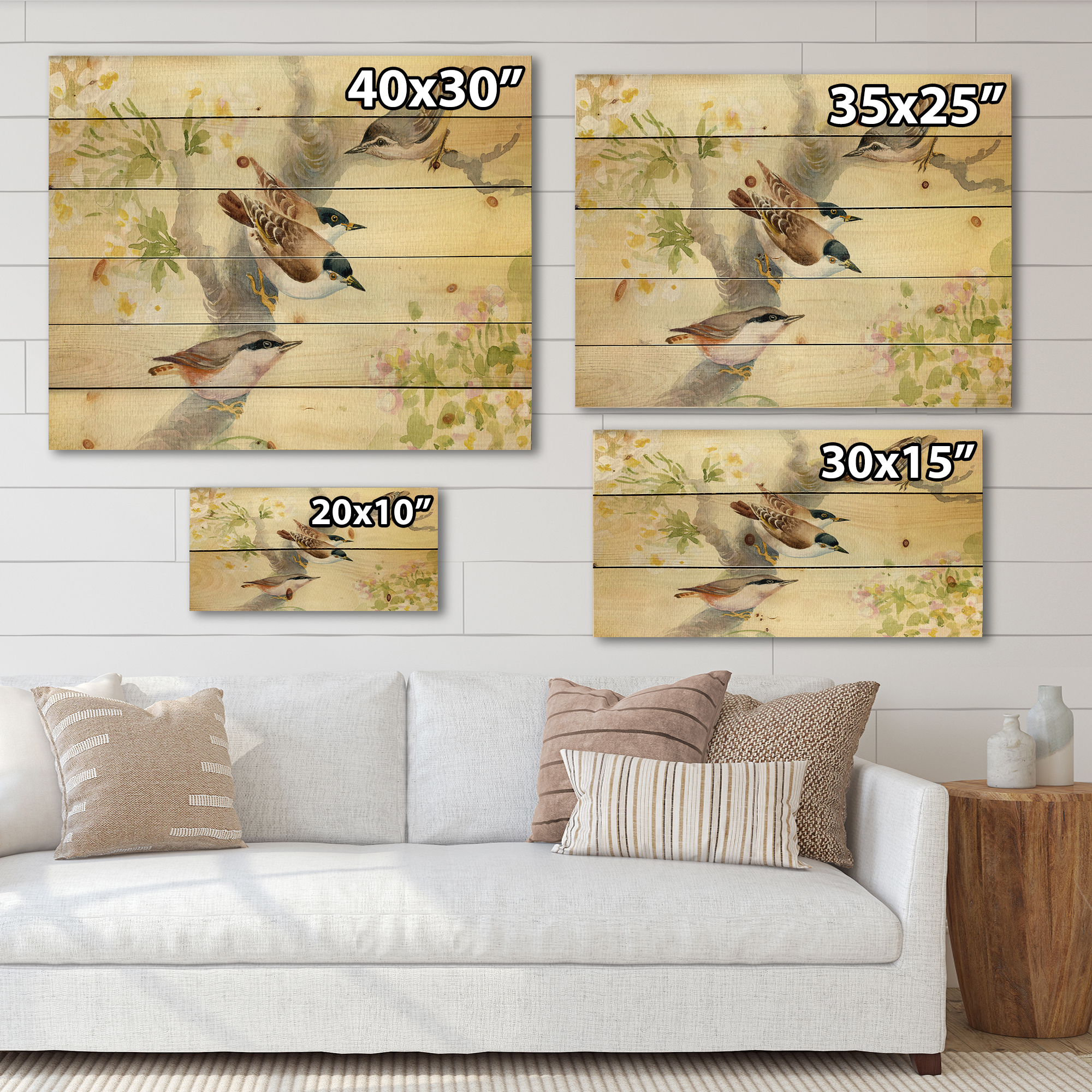 Designart 'Birds Sitting On A Blossoming Apple Tree' Traditional Print on Natural Pine Wood