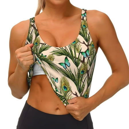 Qokaie Butterflies And Peacock Feathers Pattern Womens Scoop Neck Sports Bra Breathable Workout Vest Padded U Back Medium Impact Fitness Gym Yoga Bra Workout Crop Top