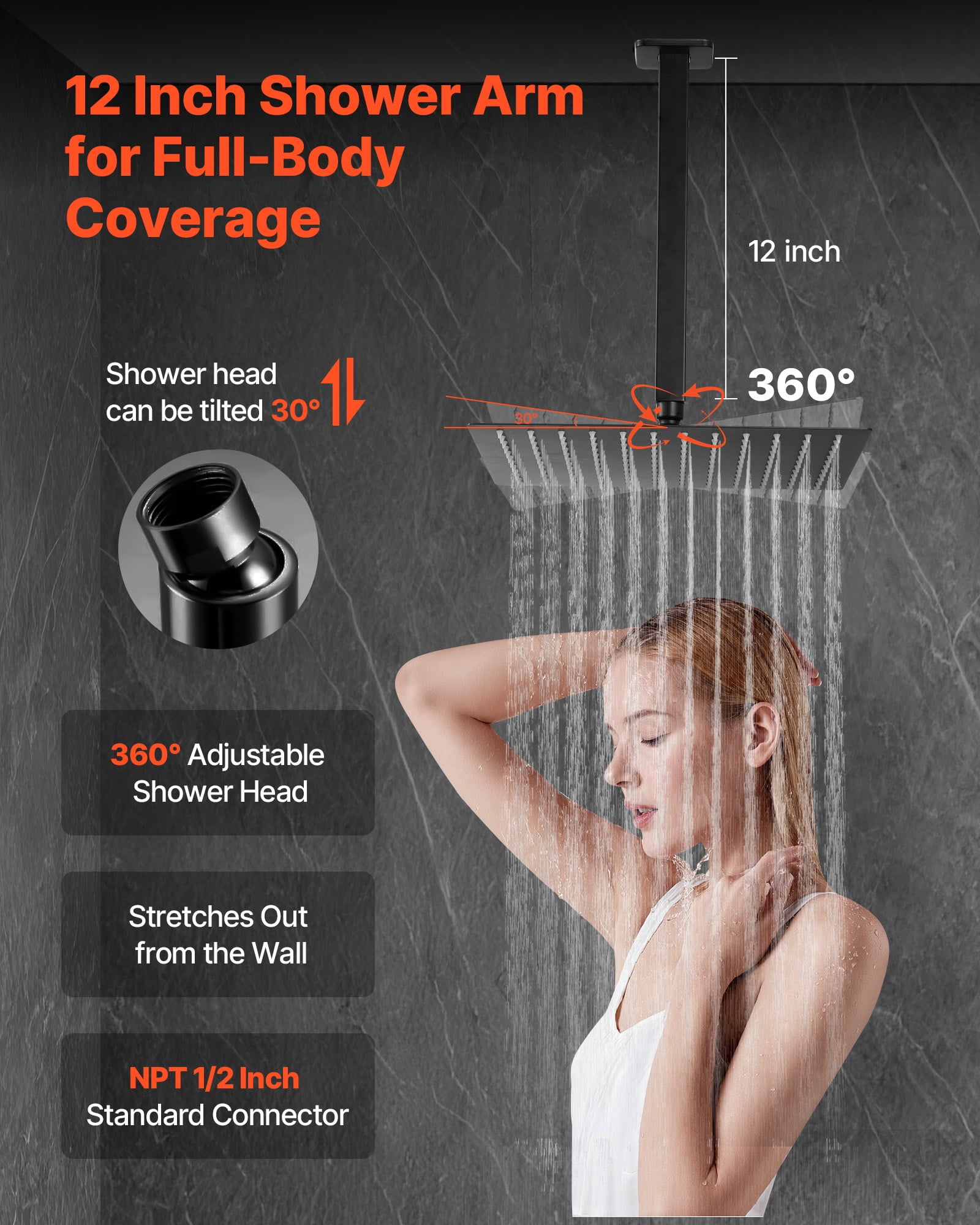 VEVOR Shower Faucet Set, Rainfall Bathroom Shower System with 12-Inch Square Rain Shower Head and Handheld Spray, Ceiling Mount Bath Fixtures with Brass Valve and Trim Kit, Matte Black
